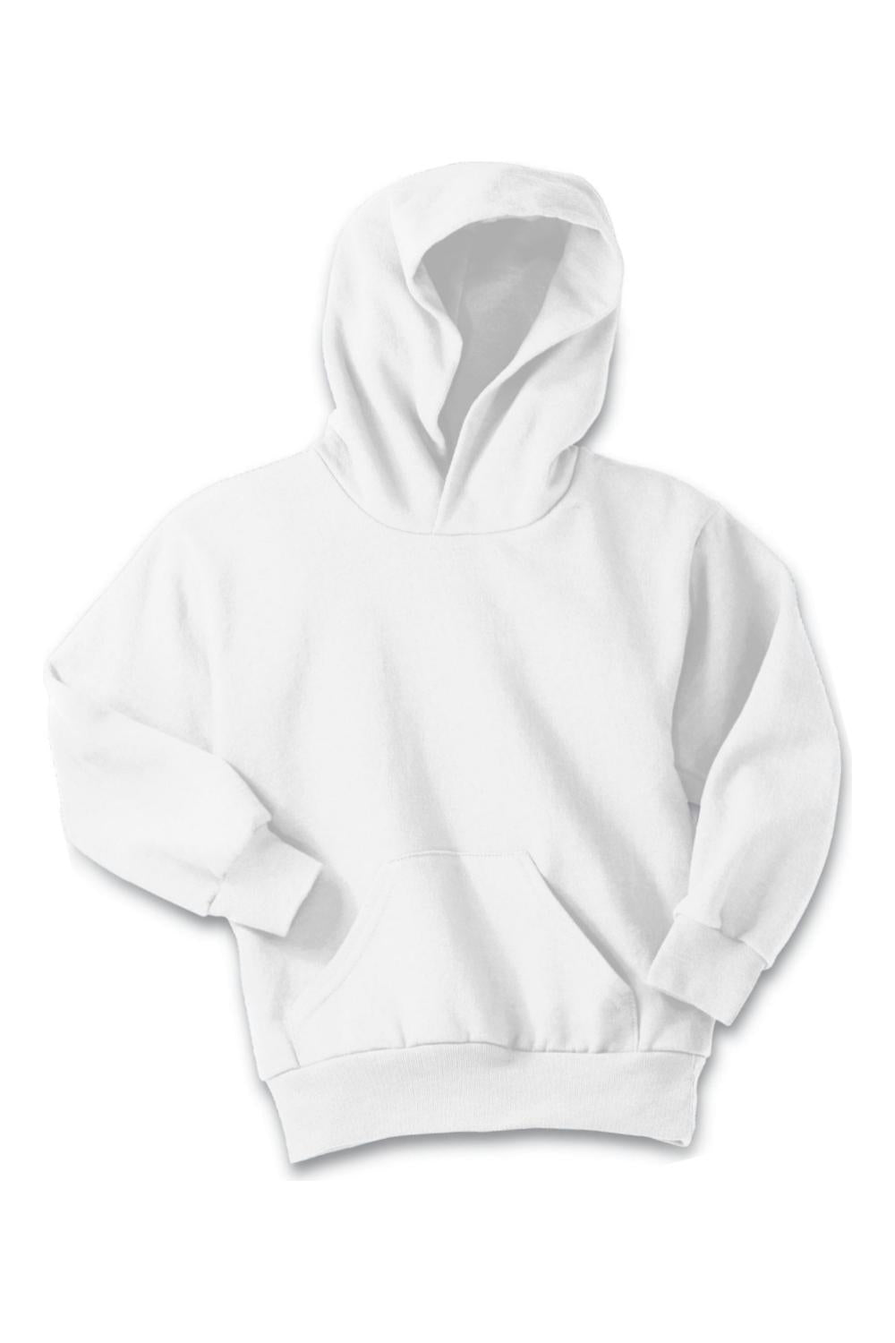 White Port & Company youth fleece pullover hoodie with a front kangaroo pocket and long sleeves.