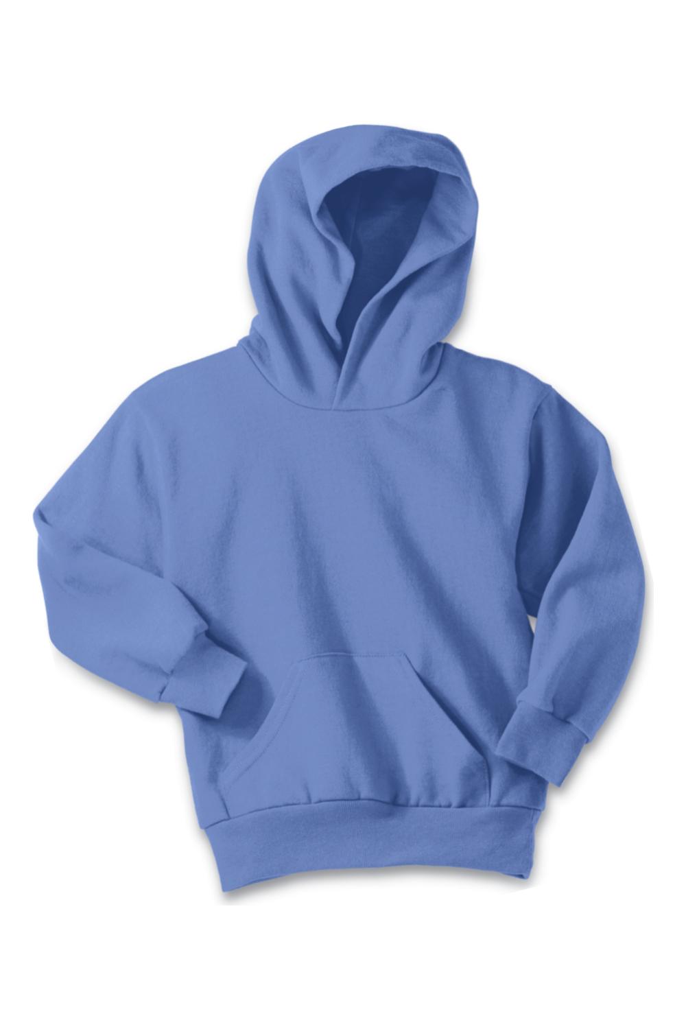 Youth blue fleece pullover hoodie with a front kangaroo pocket and comfortable long sleeves.