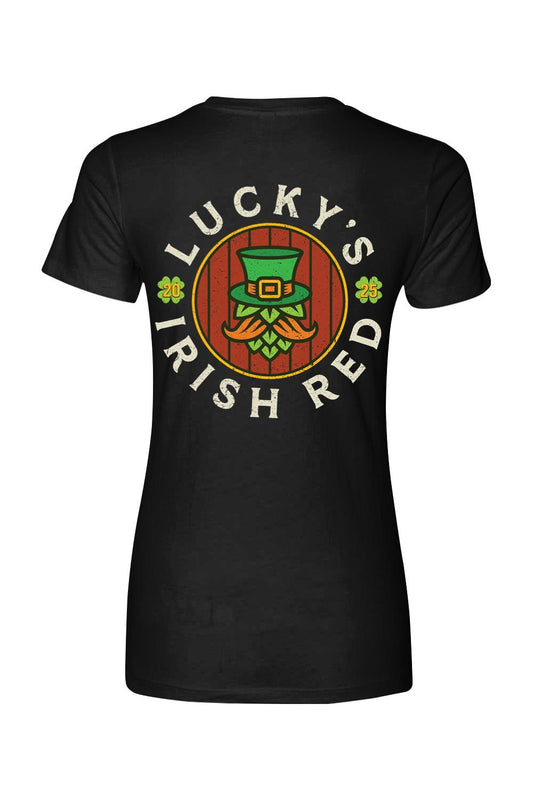 Black women's cotton t-shirt featuring a Lucky's Irish Red graphic with a green leprechaun hat and hop beard.