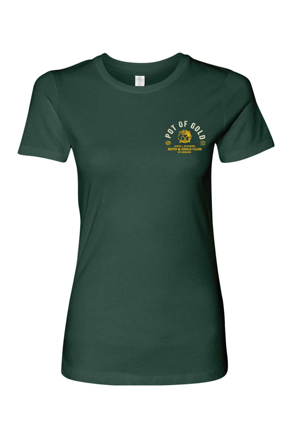Dark green women's cotton t-shirt featuring a gold Pot of Gold 2025 and Boys & Girls Club logo on the chest.