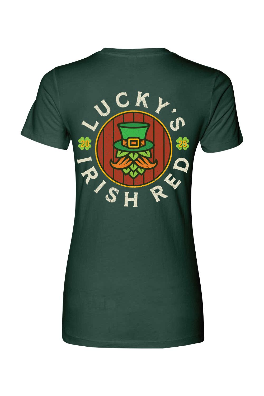 Dark green women's cotton t-shirt featuring a Lucky's Irish Red 2025 graphic with a leprechaun hop design on the back.
