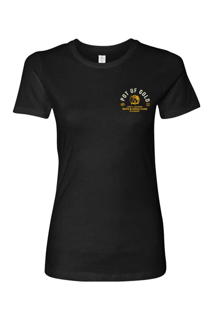 Black women's cotton t-shirt featuring a gold Pot of Gold 2025 and Boys & Girls Club of Woburn chest logo.