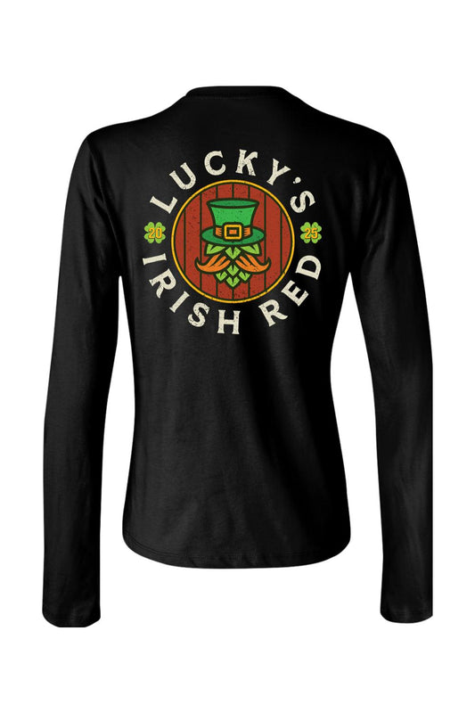 Black long-sleeve cotton women's t-shirt featuring a Lucky's Irish Red 2025 graphic on the back.