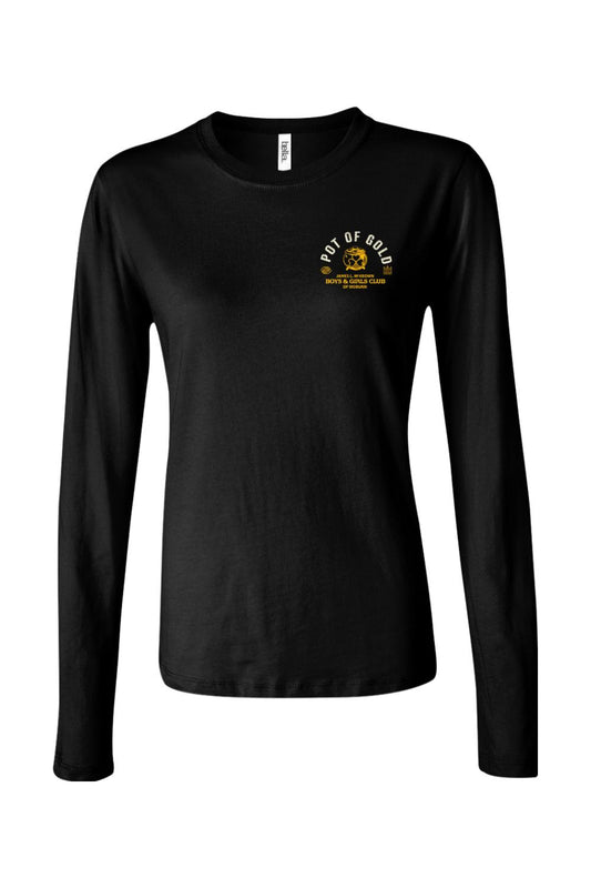 Women's black long-sleeve cotton t-shirt featuring a gold Pot of Gold 2025 Boys & Girls Club of Woburn chest logo.