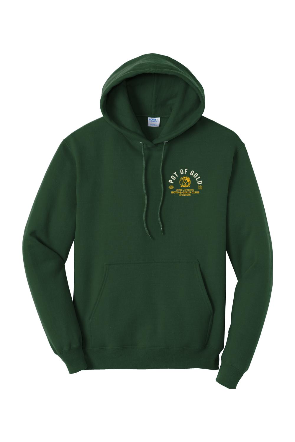 Forest green cotton hoodie featuring a Pot of Gold 2025 logo for the McKeown Boys & Girls Club of Woburn.