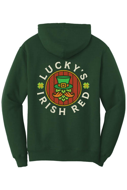 Dark green cotton hoodie featuring a Lucky's Irish Red 2025 graphic with a leprechaun hat and hop design on the back.