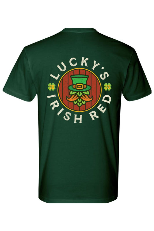 Dark green men's t-shirt featuring a Lucky's Irish Red 2025 graphic with a leprechaun hop character on the back.