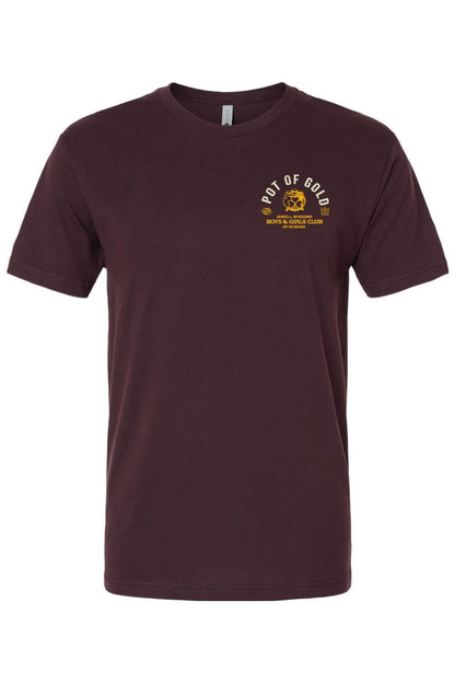 Maroon men's crewneck t-shirt featuring a gold Pot of Gold and Boys & Girls Club of Woburn logo on the chest.