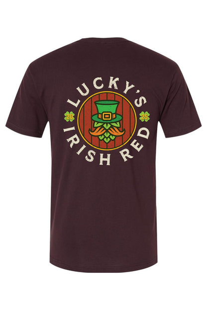 Maroon men's t-shirt featuring a Lucky's Irish Red graphic with a leprechaun hop character on the back.