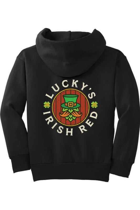 Black youth hoodie featuring a Lucky's Irish Red graphic with a leprechaun hat and hop design on the back.