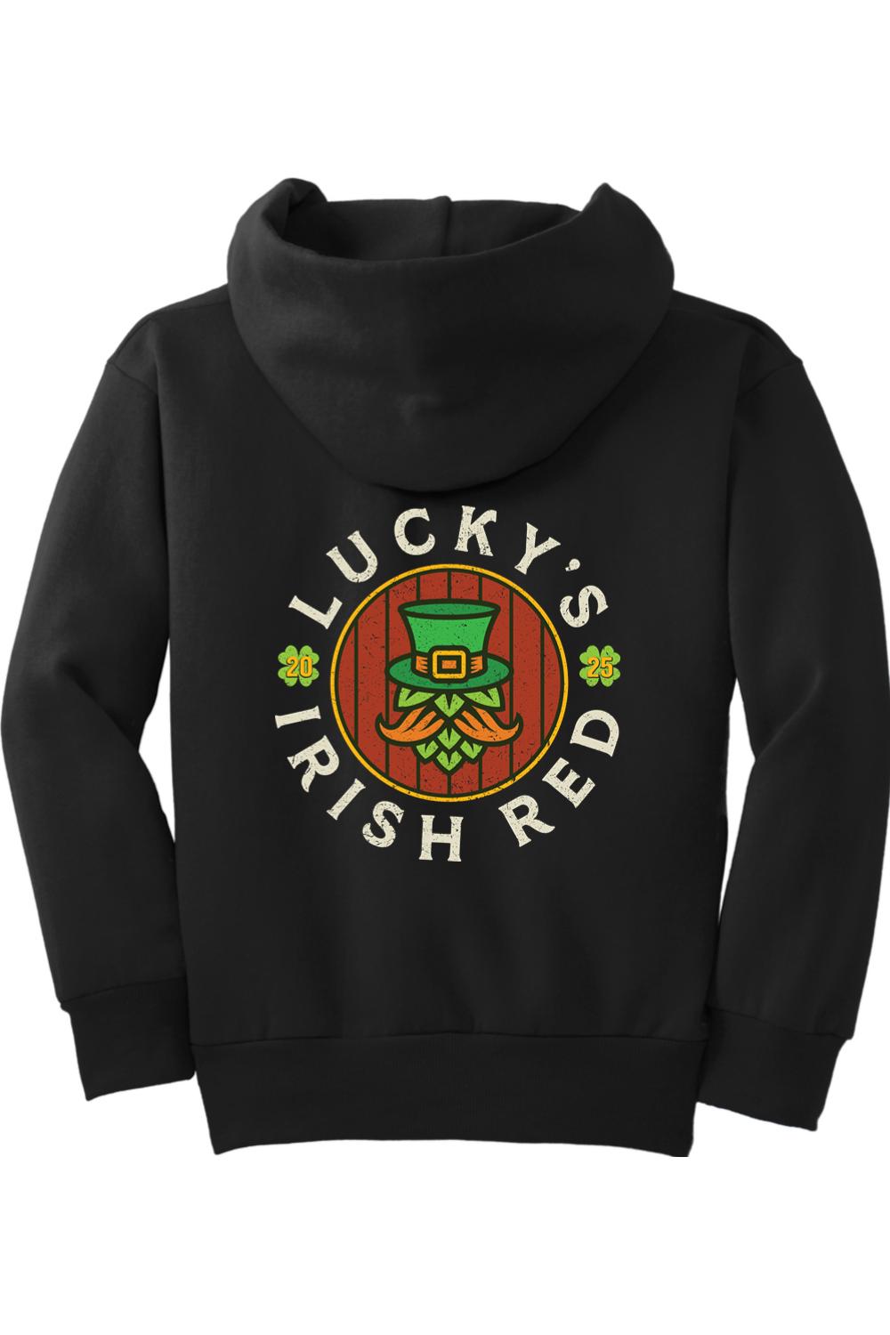 Black youth hoodie featuring a Lucky's Irish Red graphic with a leprechaun hat and hop design on the back.