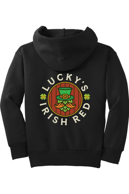 Black youth hoodie featuring a Lucky's Irish Red graphic with a leprechaun hat and hop design on the back.