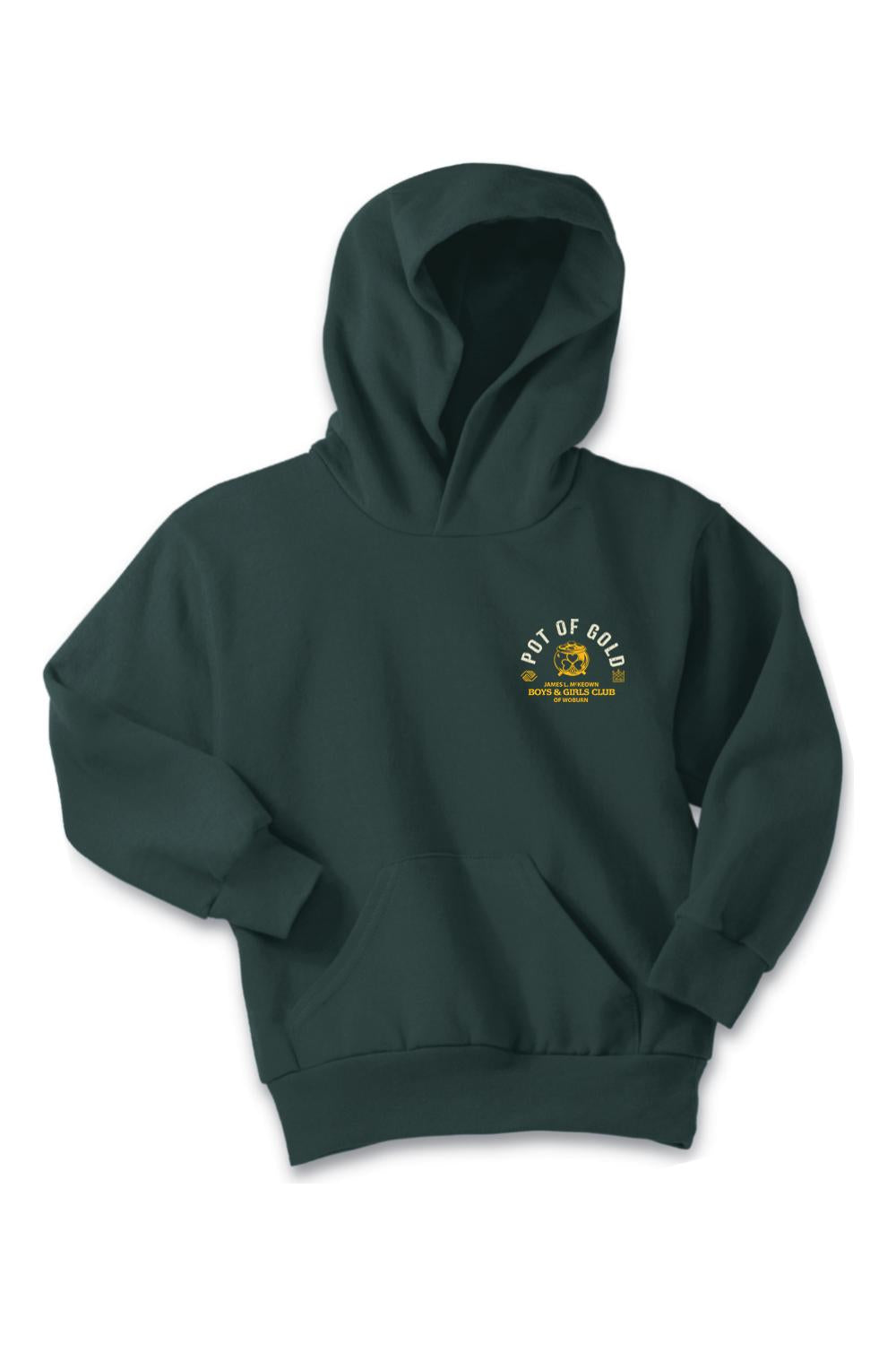 Dark green youth hoodie with a Pot of Gold 2025 and Boys & Girls Club of Woburn logo on the chest.