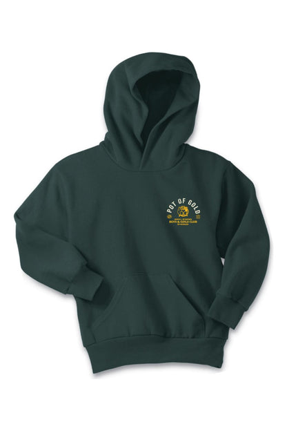 Dark green youth hoodie with a Pot of Gold 2025 and Boys & Girls Club of Woburn logo on the chest.