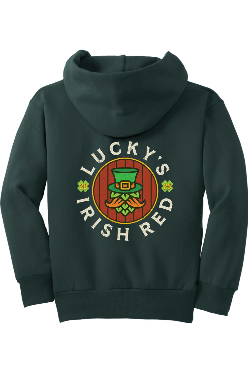 Dark green youth hoodie featuring a Lucky's Irish Red graphic with a leprechaun hat and hops on the back.