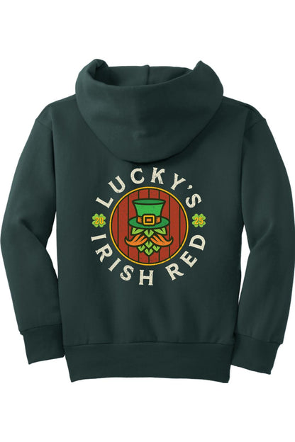 Dark green youth hoodie featuring a Lucky's Irish Red graphic with a leprechaun hat and hops on the back.