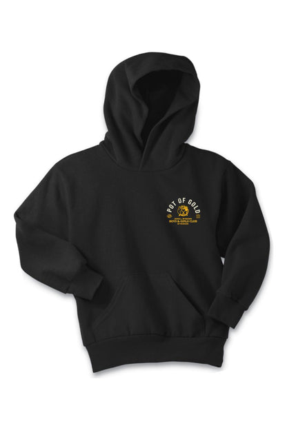 Black youth hoodie featuring a Pot of Gold 2025 and Boys & Girls Club of Woburn logo on the chest.