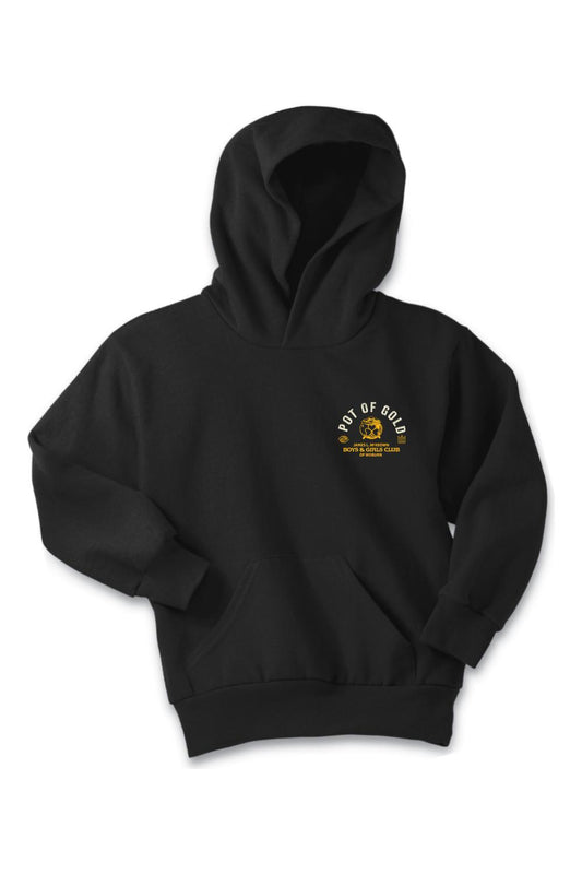 Black youth hoodie featuring a Pot of Gold 2025 and Boys & Girls Club of Woburn logo on the chest.