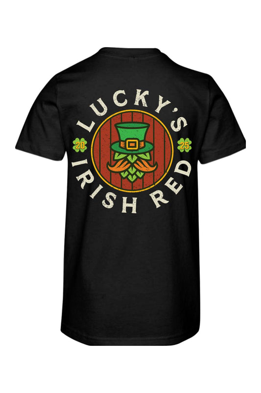 Black youth cotton t-shirt featuring a Lucky's Irish Red 2025 graphic with a leprechaun hop character on the back.