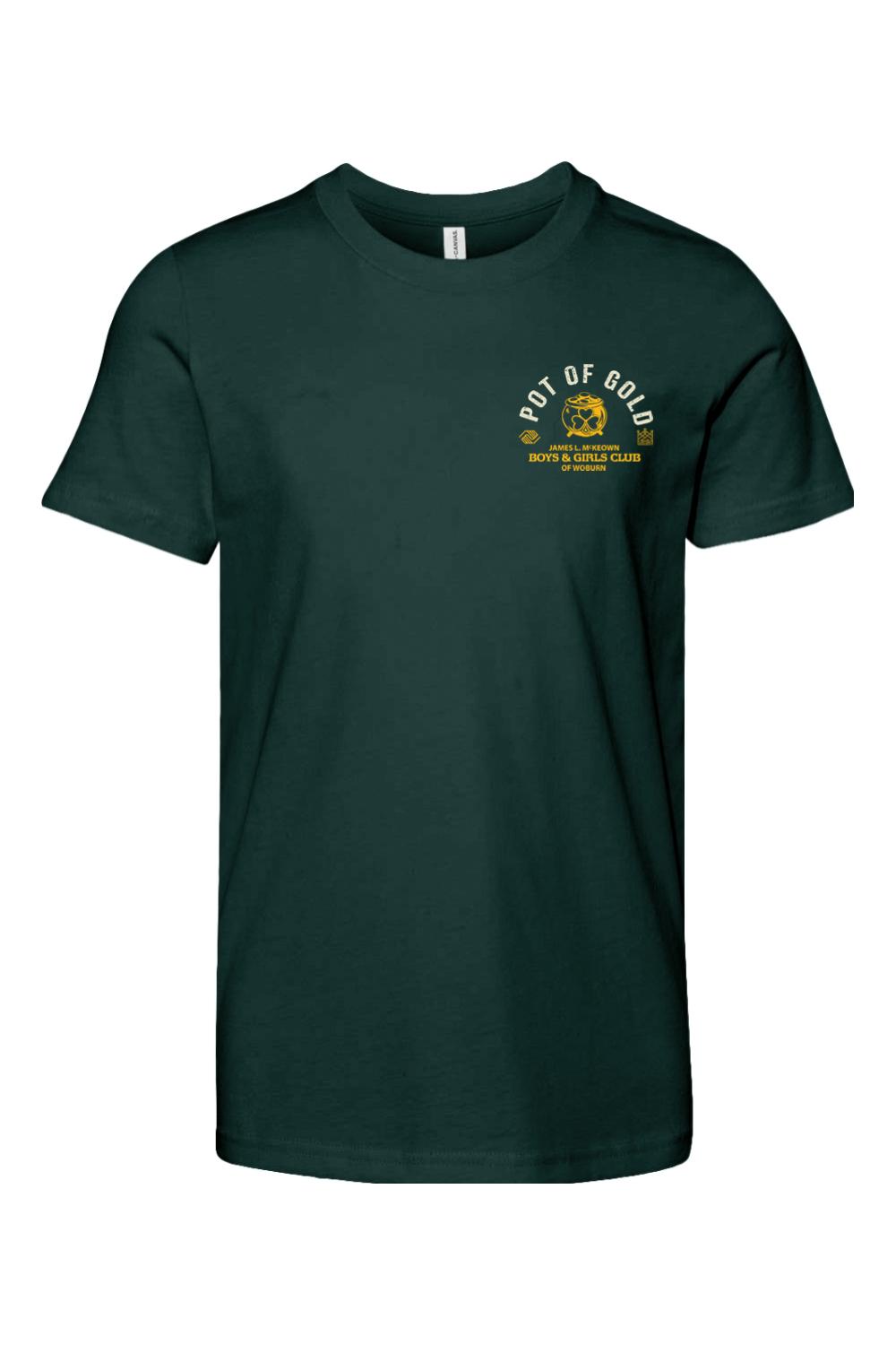 Dark green youth cotton t-shirt featuring a Pot of Gold logo supporting the McKeown Boys & Girls Club of Woburn.
