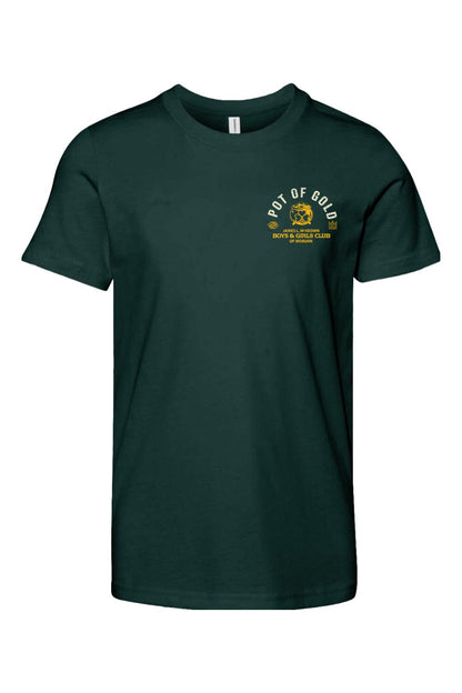 Dark green youth cotton t-shirt featuring a Pot of Gold logo supporting the McKeown Boys & Girls Club of Woburn.