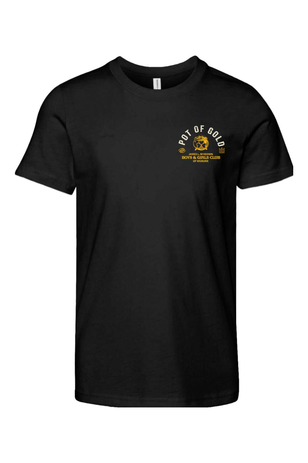 Black youth cotton t-shirt featuring a gold Pot of Gold 2025 and Boys & Girls Club of Woburn logo on the chest.