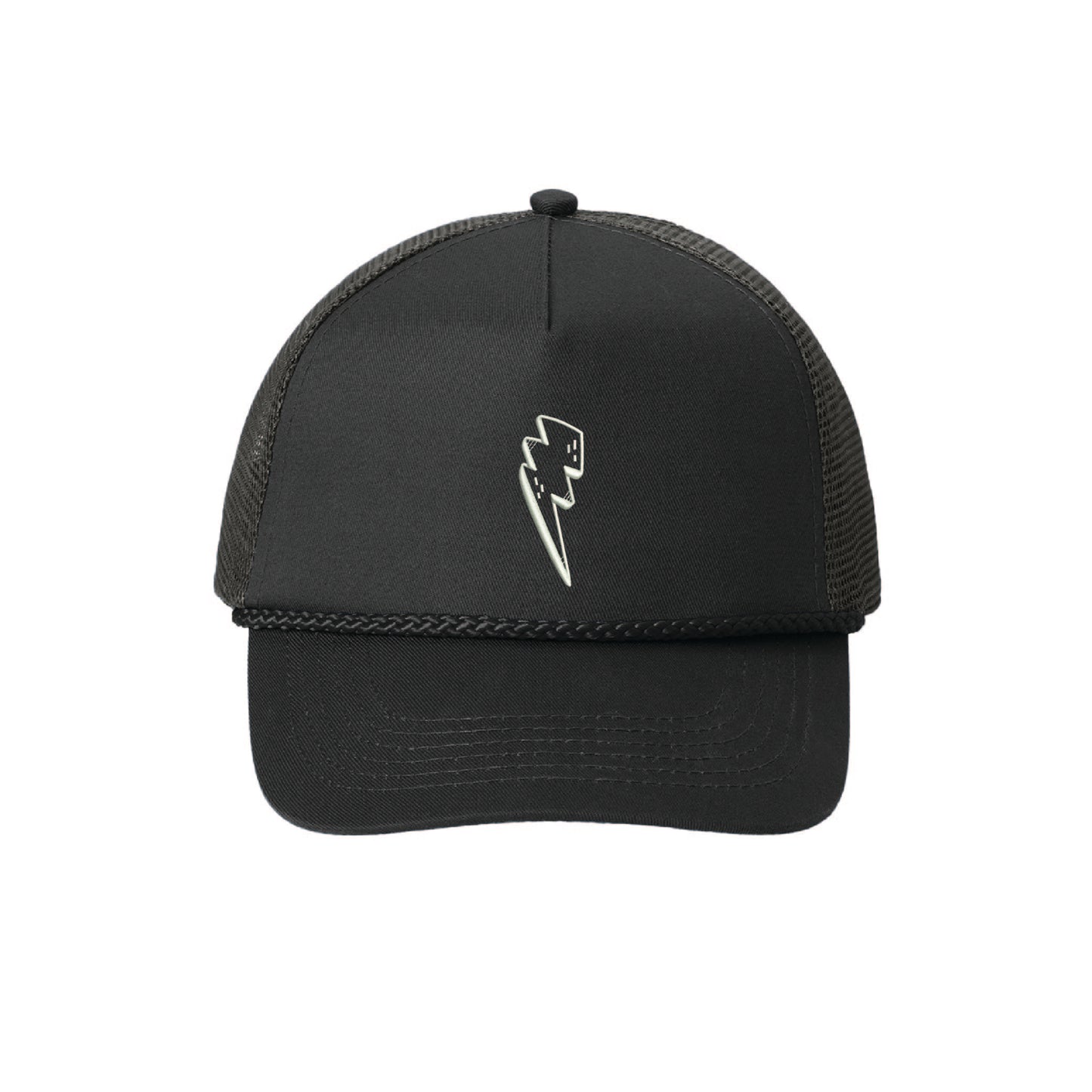Black 5-panel snapback hat with a mesh back, decorative front rope, and a white lightning bolt embroidery.