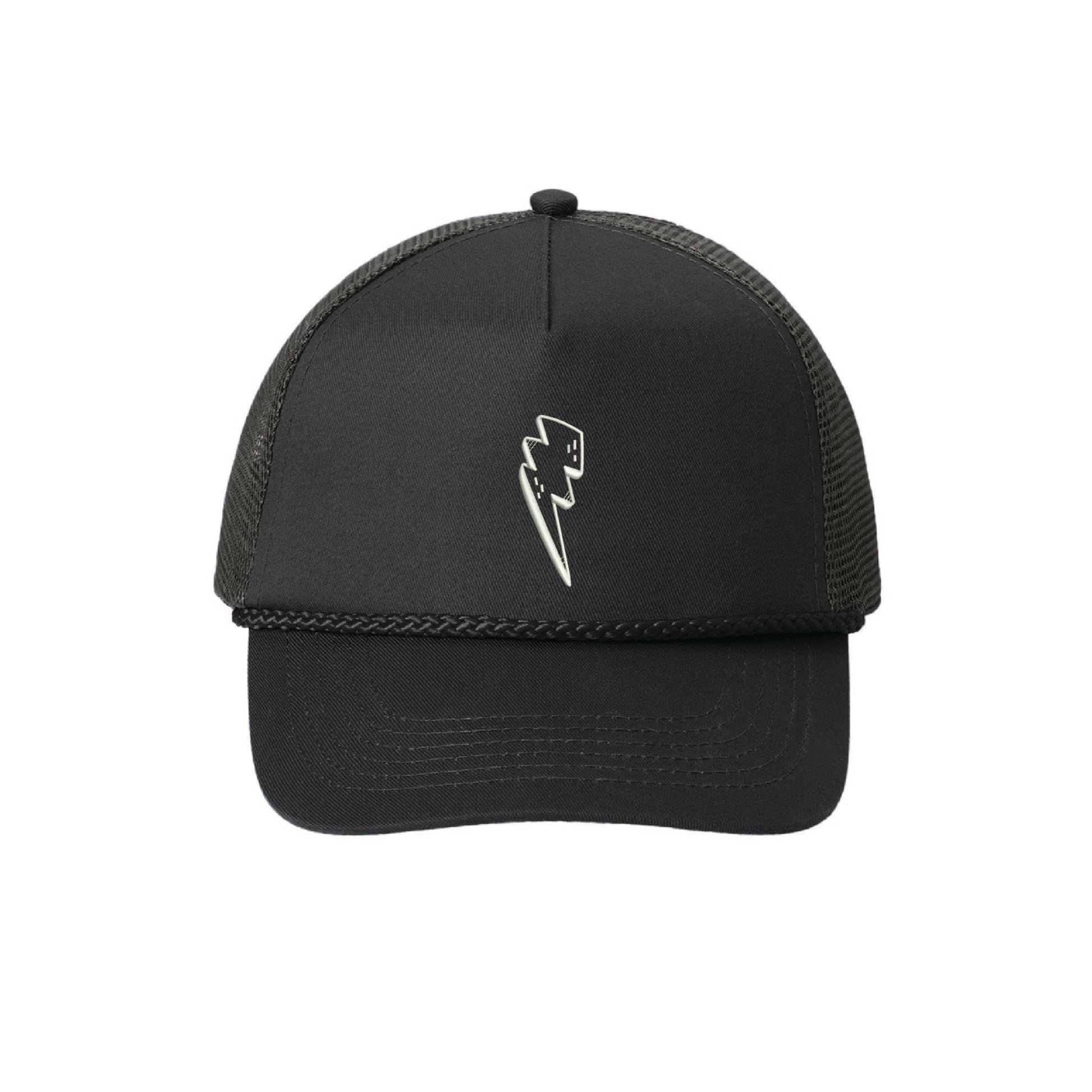 Black 5-panel snapback hat with a mesh back, decorative front rope, and a white lightning bolt embroidery.