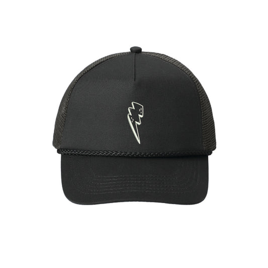 Black 5-panel snapback hat with a mesh back, decorative front rope, and a white lightning bolt embroidery.