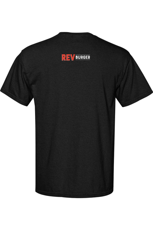 Black Comfort Colors short sleeve t-shirt featuring a red and white REV Burger logo on the upper back.