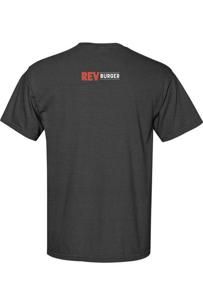 Charcoal grey Comfort Colors short sleeve t-shirt featuring a red and white REV Burger logo on the back.