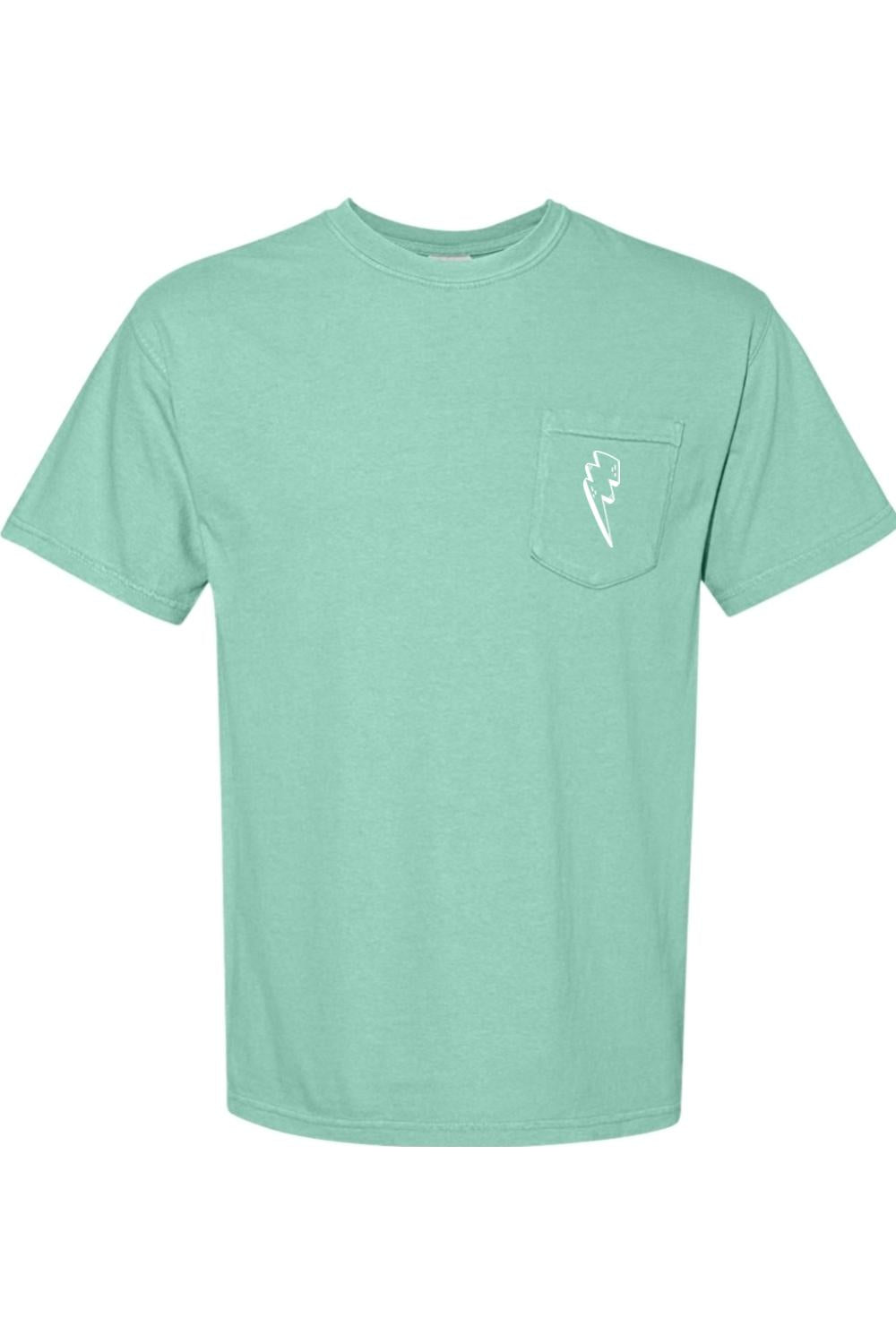Mint green Comfort Colors short sleeve pocket t-shirt featuring a white lightning bolt graphic on the chest pocket.