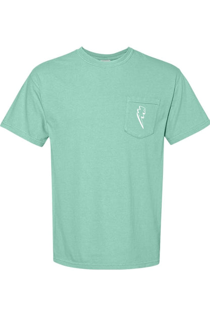 Mint green Comfort Colors short sleeve pocket t-shirt featuring a white lightning bolt graphic on the chest pocket.