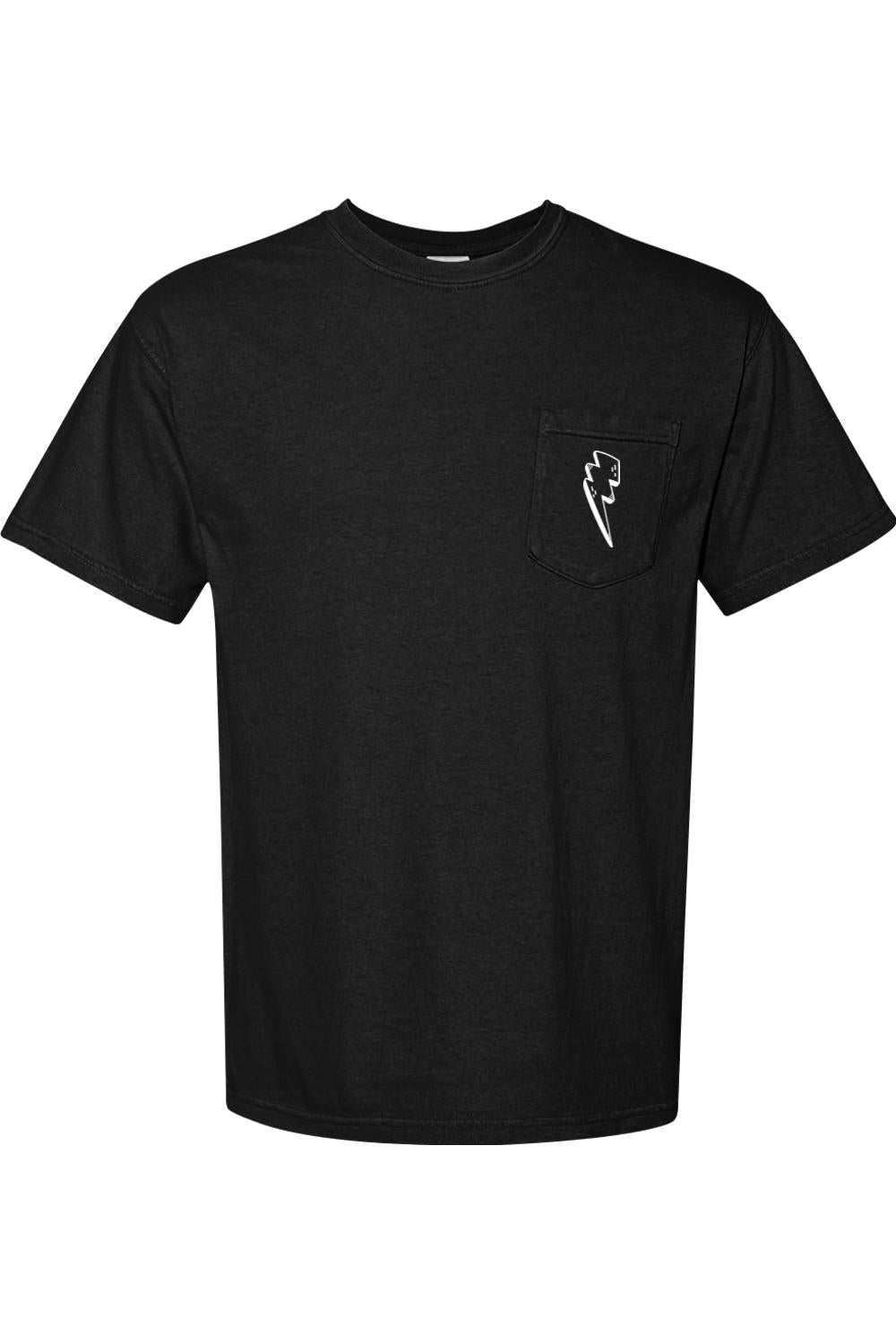 Black Comfort Colors short sleeve t-shirt with a chest pocket and a white burger-themed lightning bolt graphic.