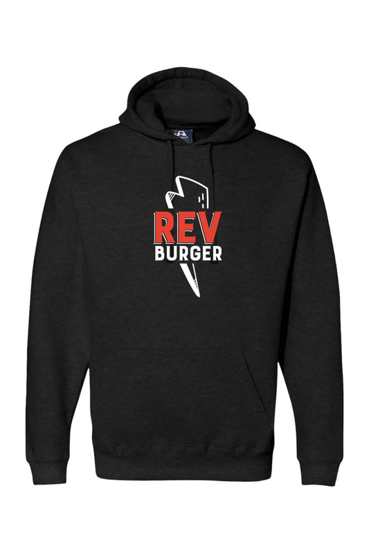 Black premium hoodie featuring a white and red REV Burger logo with a lightning bolt graphic and front pocket.