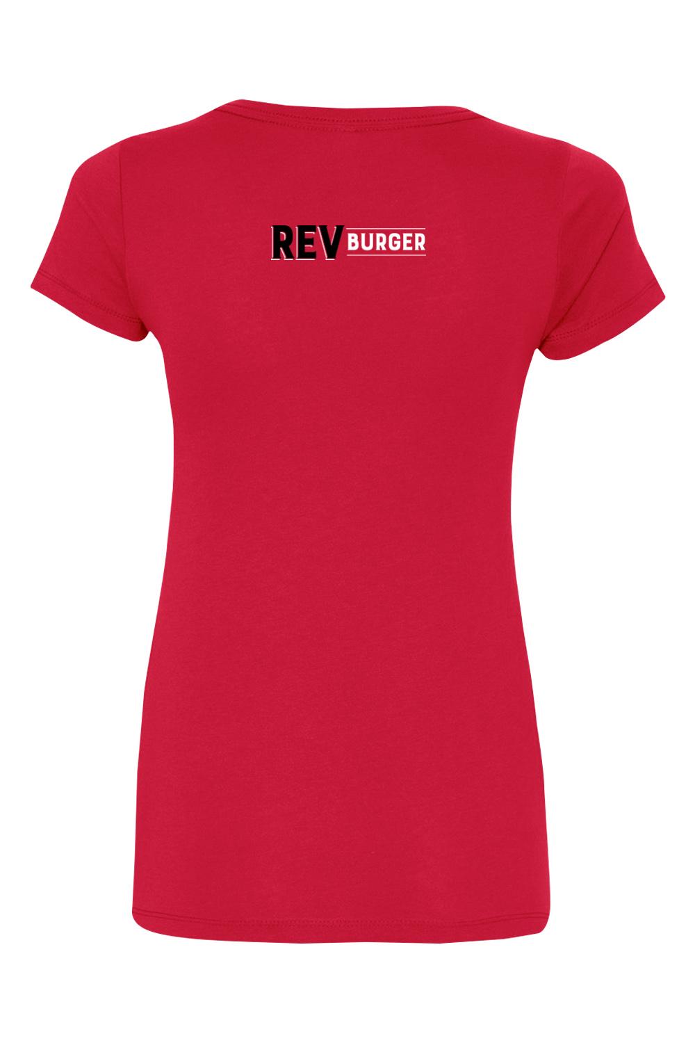 Women's red short-sleeve V-neck t-shirt featuring the REV BURGER logo printed on the back.