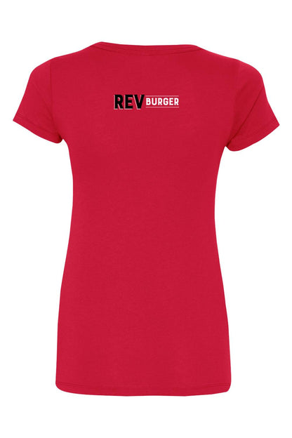 Women's red short-sleeve V-neck t-shirt featuring the REV BURGER logo printed on the back.