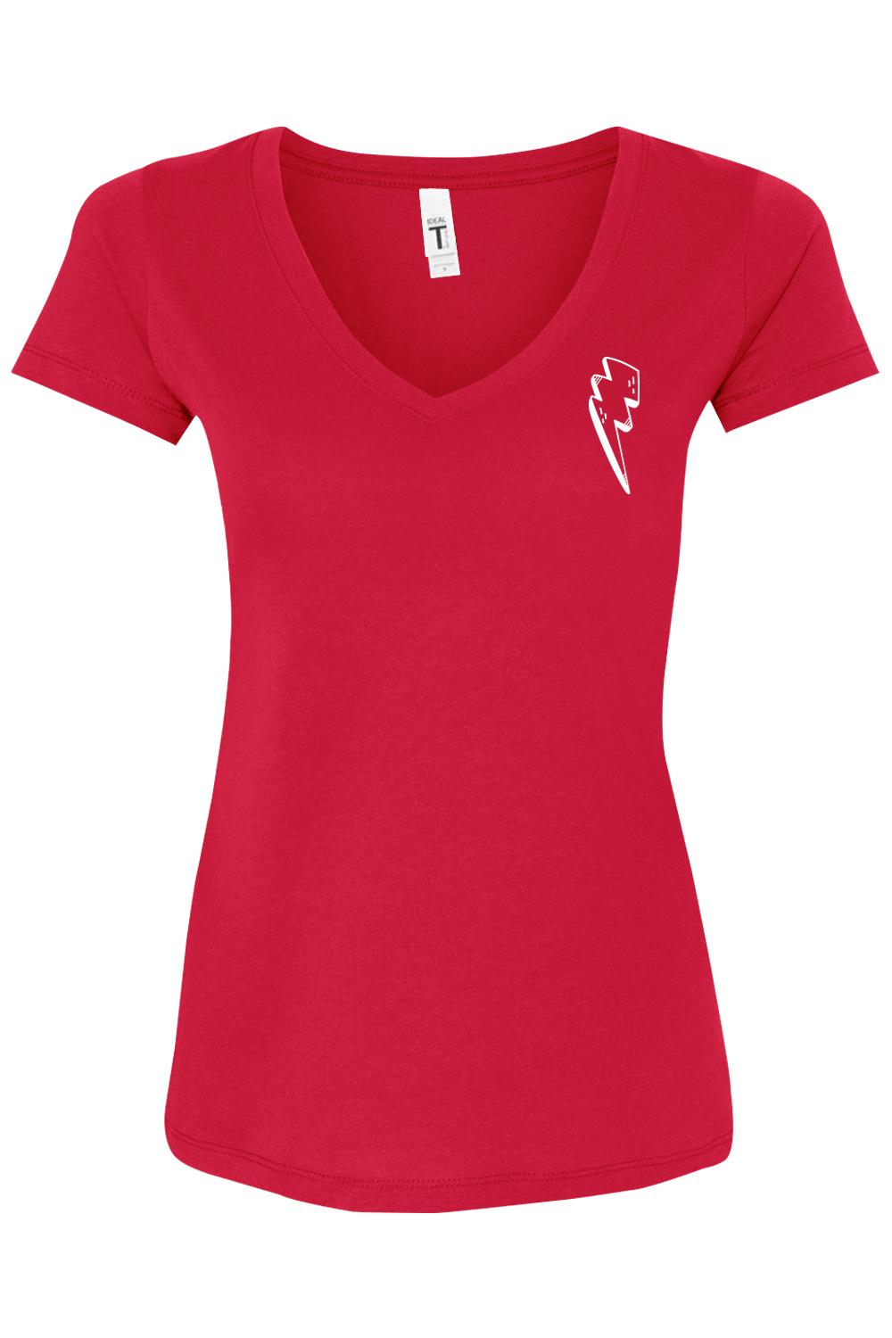 Women's red v-neck t-shirt with a white lightning bolt graphic on the chest, featuring a slim, flattering fit.