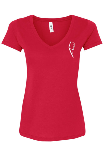 Women's red v-neck t-shirt with a white lightning bolt graphic on the chest, featuring a slim, flattering fit.