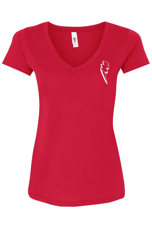 Women's red v-neck t-shirt with a white lightning bolt graphic on the chest, featuring a slim, flattering fit.