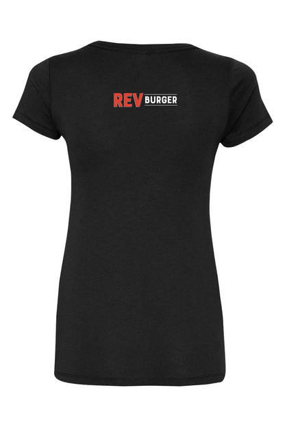 Black women's V-neck t-shirt featuring a red and white REV BURGER logo on the chest.