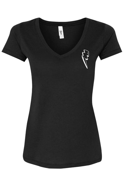 Black women's V-neck t-shirt featuring a white lightning bolt graphic on the left chest.