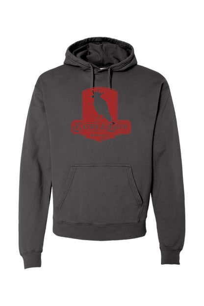 Charcoal grey garment-dyed hoodie featuring a red distressed Crown & Crow logo graphic on the chest.