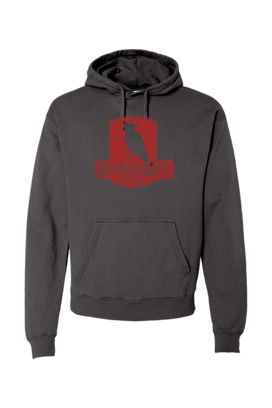 Charcoal grey garment-dyed hoodie featuring a red distressed Crown & Crow logo graphic on the chest.