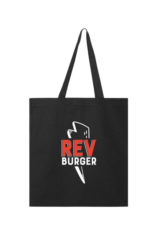 Black heavy cotton canvas tote bag featuring a white and red Rev Burger logo and long webbed shoulder straps.
