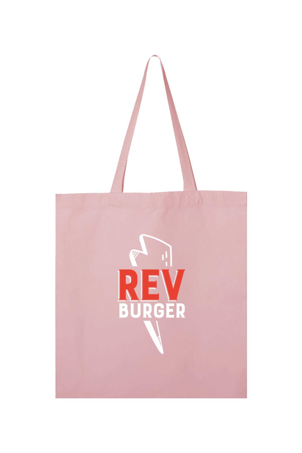 Light pink heavy cotton canvas tote bag featuring a white and red Rev Burger logo graphic and long shoulder straps.