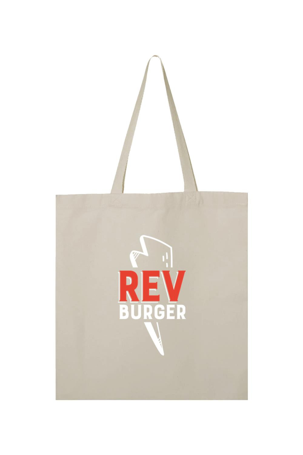 Beige heavy cotton canvas tote bag featuring a red and white Rev Burger lightning bolt logo and long shoulder straps.