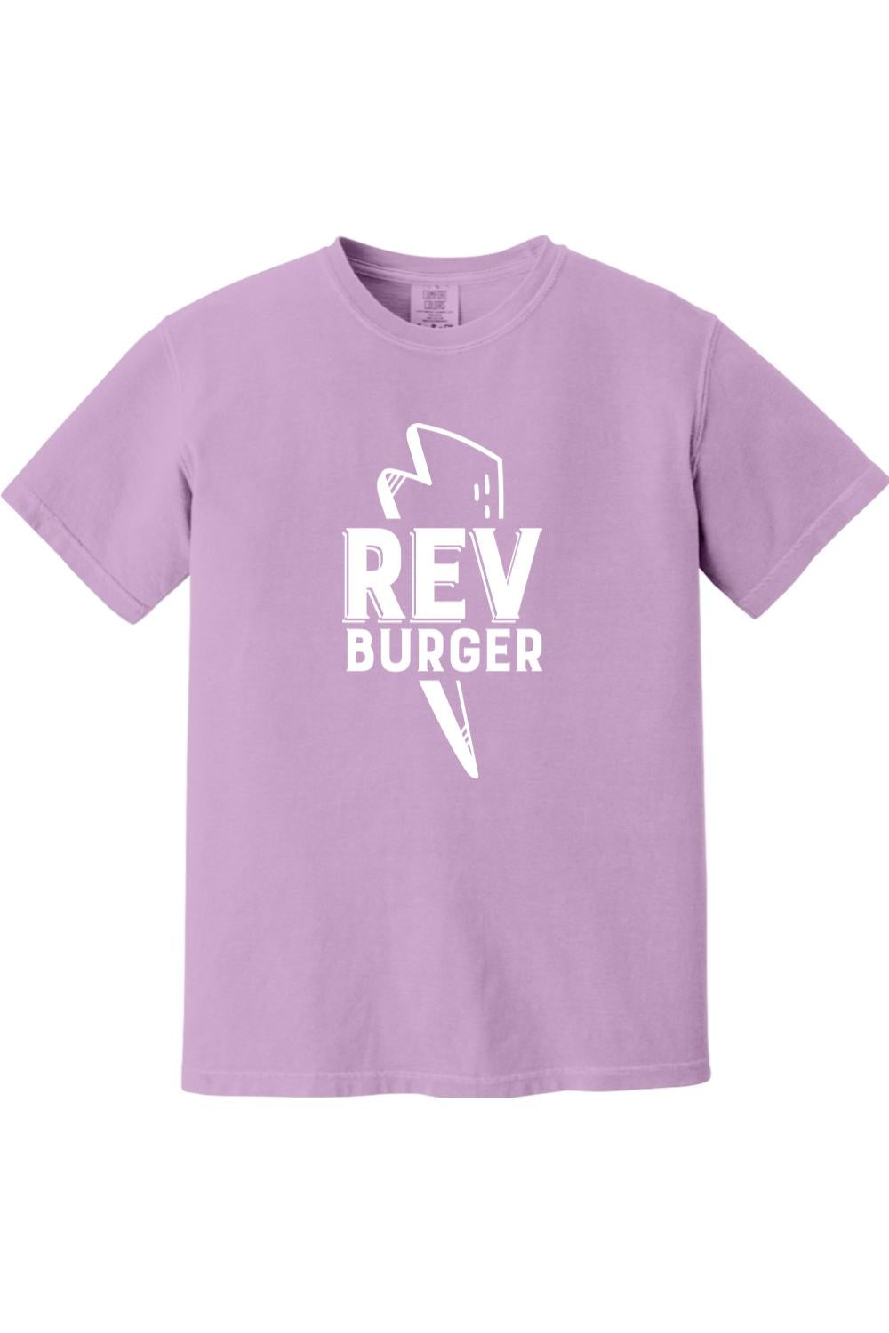 Light purple garment-dyed Comfort Colors t-shirt with a white Rev Burger lightning bolt logo graphic.