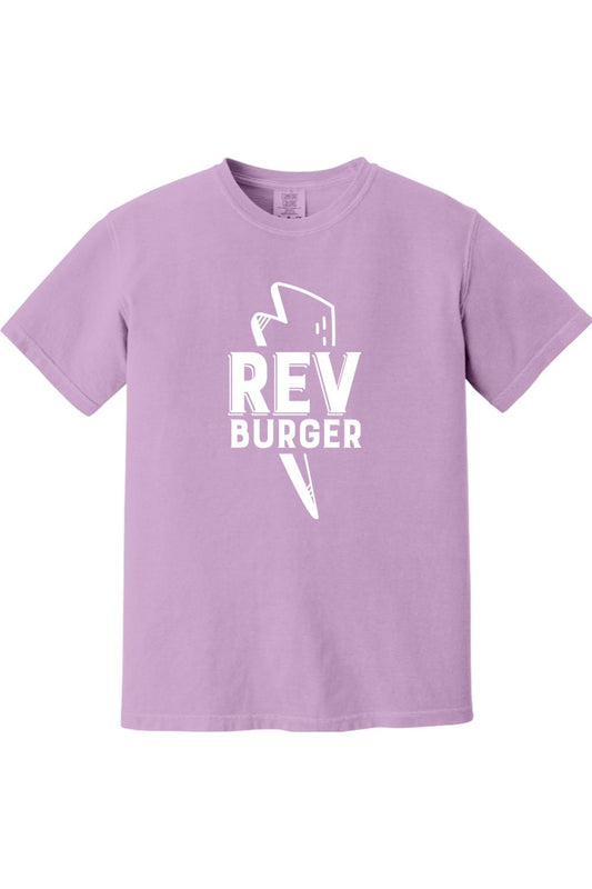 Light purple garment-dyed Comfort Colors t-shirt with a white Rev Burger lightning bolt logo graphic.