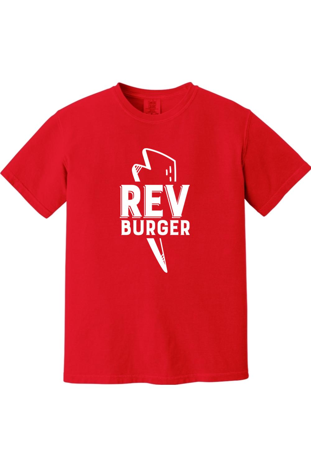 Red Comfort Colors ring-spun cotton t-shirt featuring a white Rev Burger lightning bolt graphic on the chest.